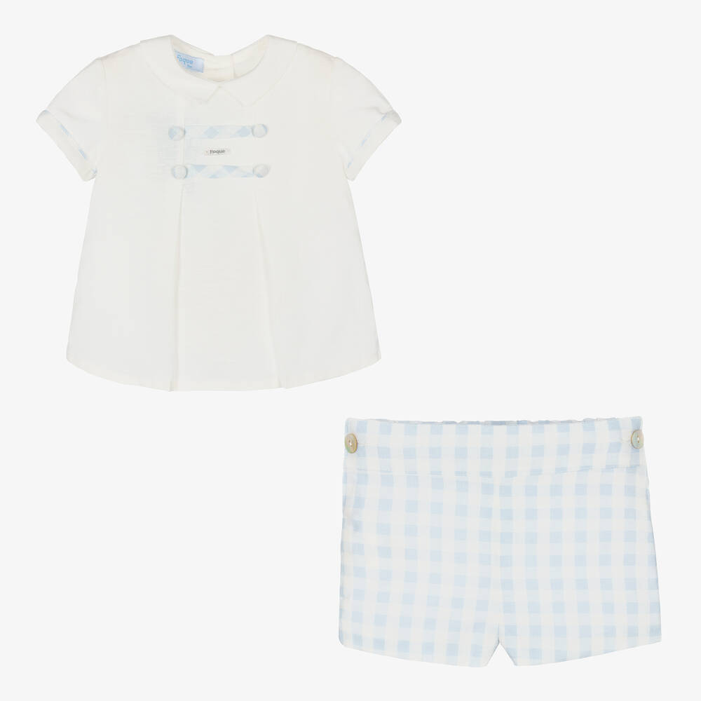 Foque-Boys White & Blue Checked Shorts Set | Childrensalon Outlet