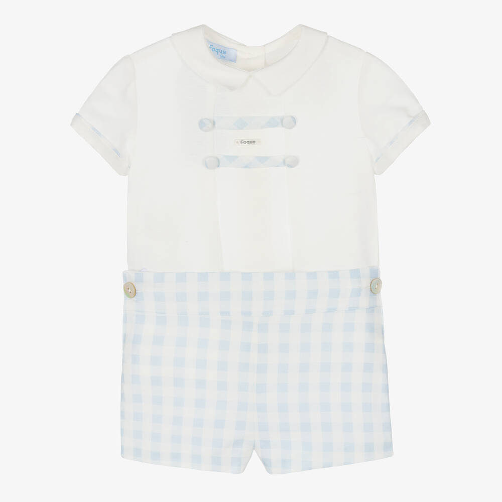 Foque - Boys White & Blue Checked Shorts Set | Childrensalon