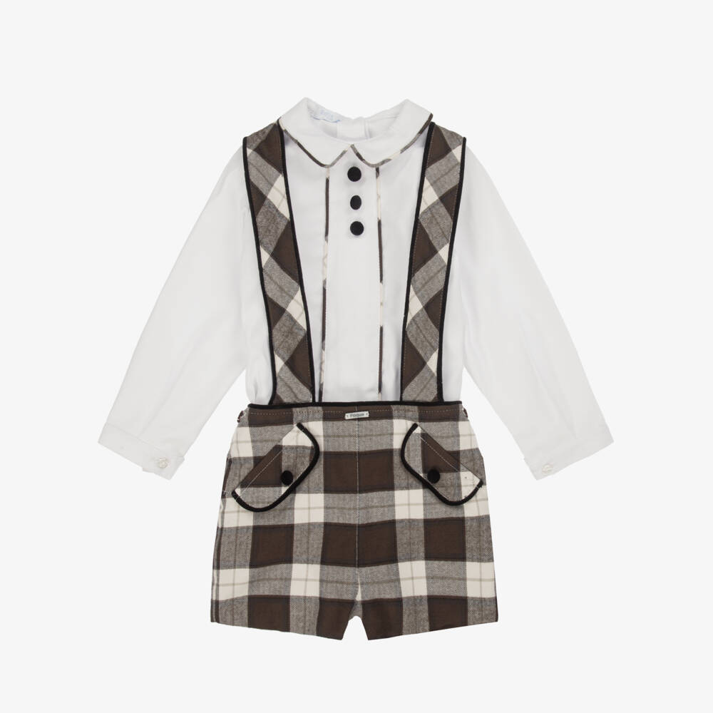 Foque-Boys White & Brown Check Organic Cotton Shorts Set | Childrensalon Outlet