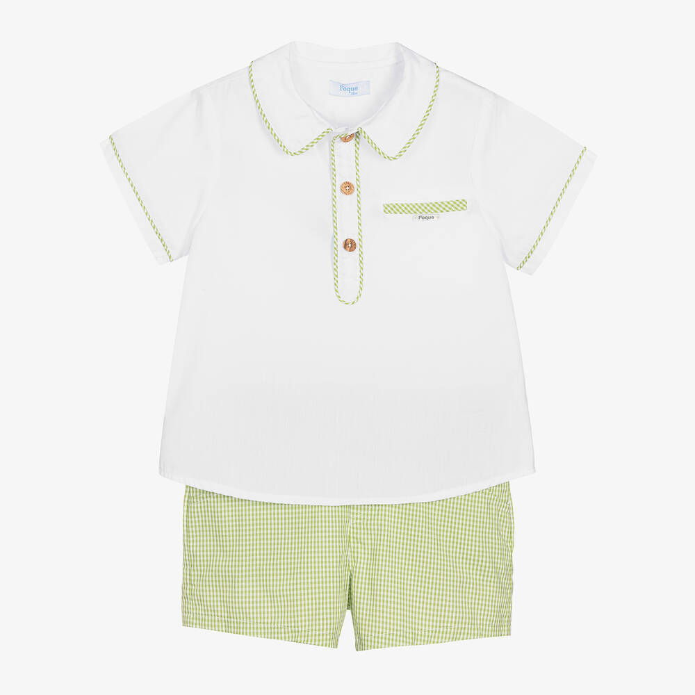 Foque - Boys White & Green Gingham Shorts Set | Childrensalon