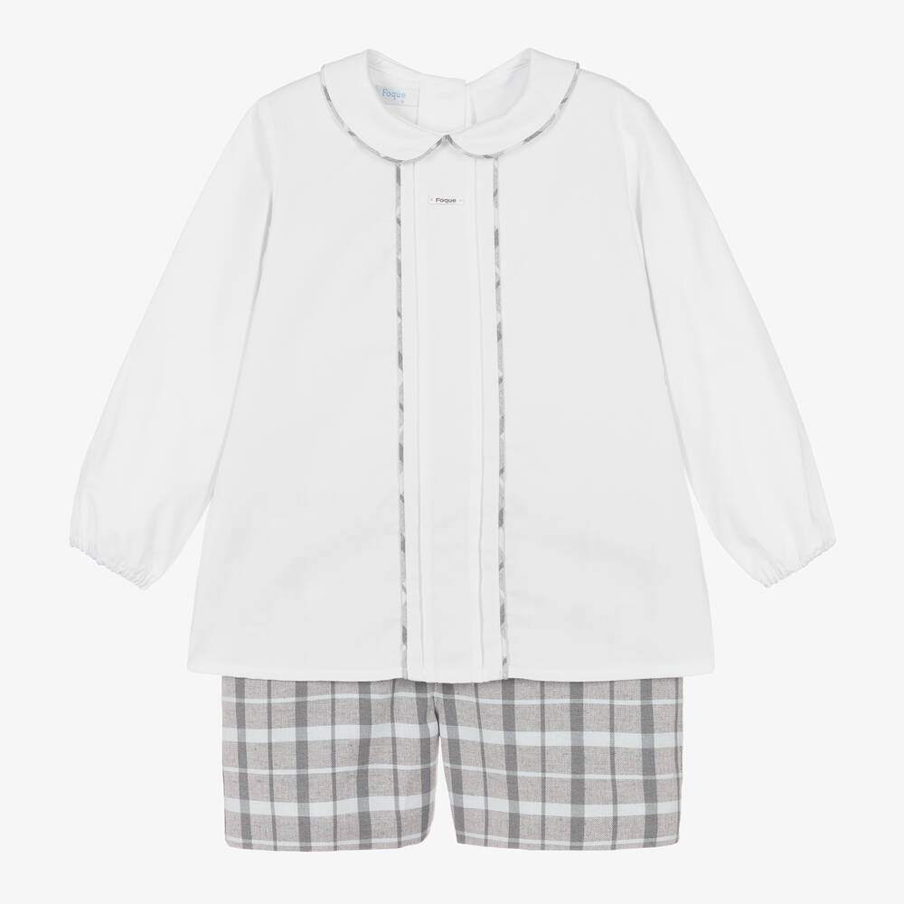 Foque - Boys White & Grey Check Shorts Set | Childrensalon