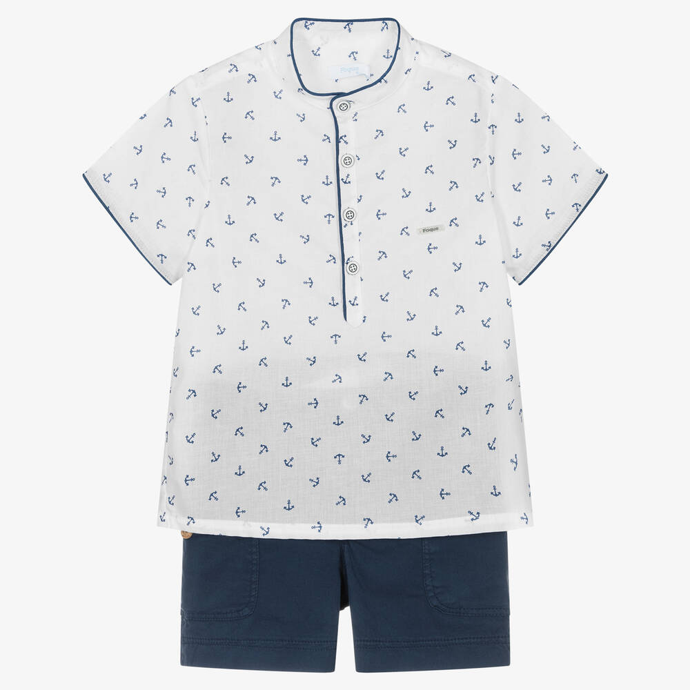 Foque - Boys White & Navy Blue Anchor Shorts Set | Childrensalon