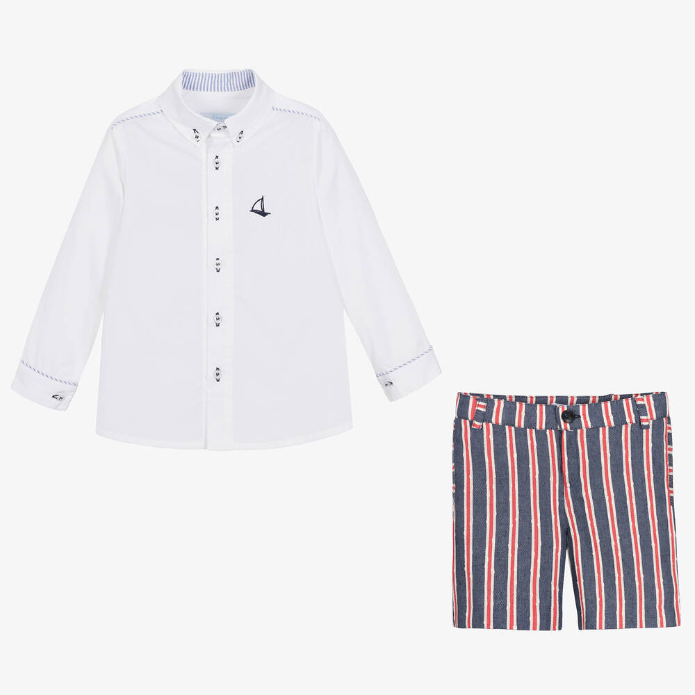 Foque-Белая рубашка и синие шорты из хлопка в полоску | Childrensalon Outlet