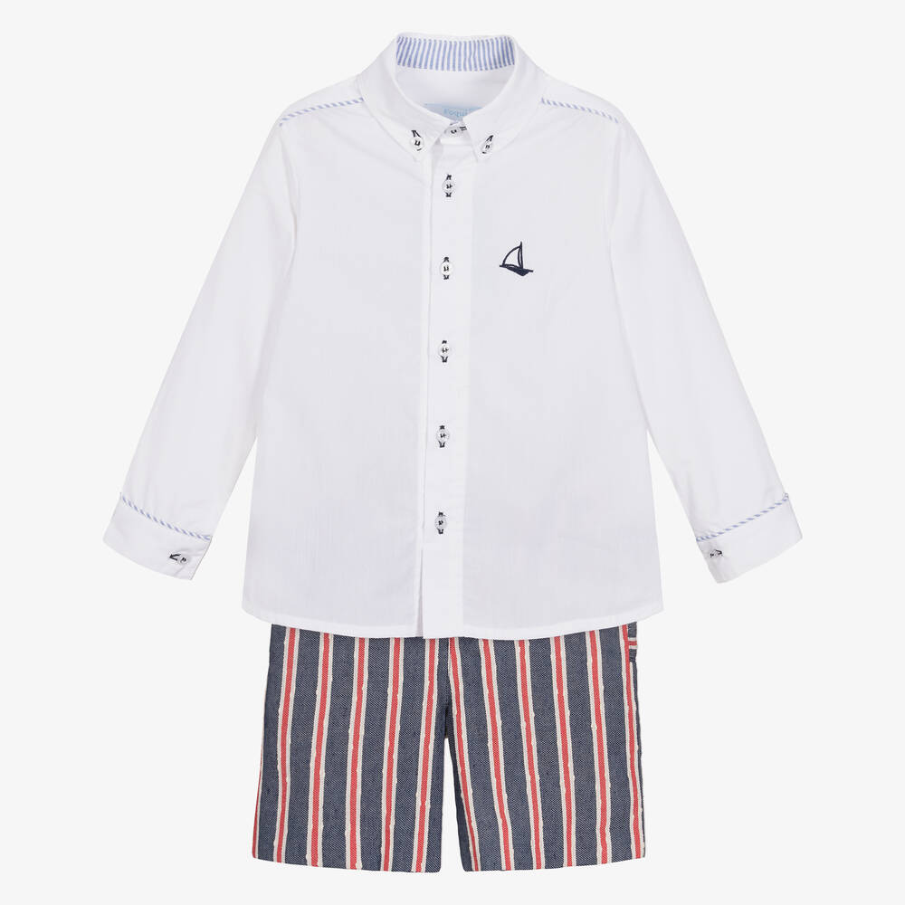 Foque - Boys White & Navy Blue Striped Cotton Shorts Set | Childrensalon