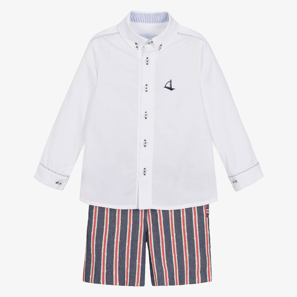 Foque-Boys White & Navy Blue Striped Cotton Shorts Set | Childrensalon Outlet