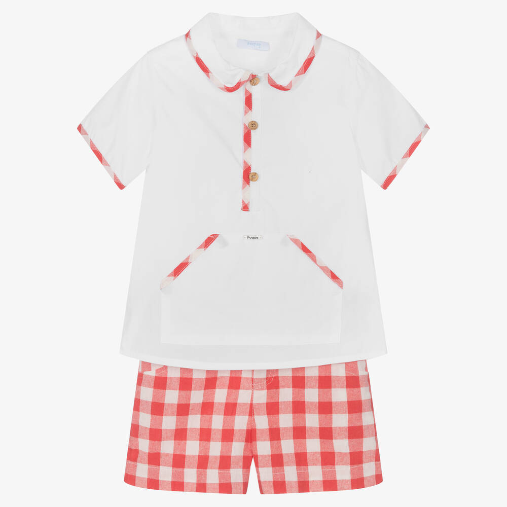 Foque - طقم شورت قطن بوبلين لون أبيض وأحمر للأولاد | Childrensalon