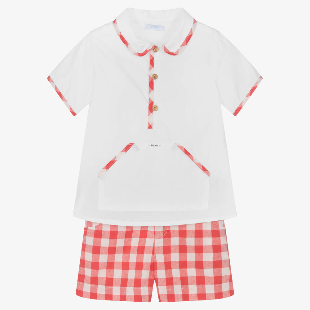 Foque-Boys White & Red Gingham Shorts Set | Childrensalon Outlet