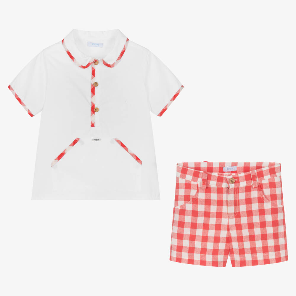 فوكيه-طقم شورت قطن بوبلين لون أبيض وأحمر للأولاد | Childrensalon Outlet