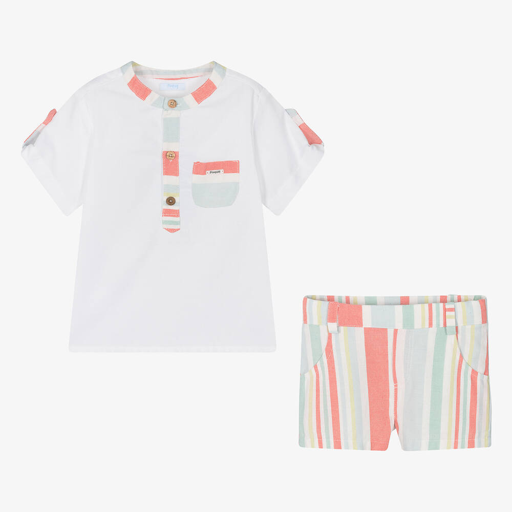 Foque-Boys White Stripe Cotton Shorts Set | Childrensalon Outlet