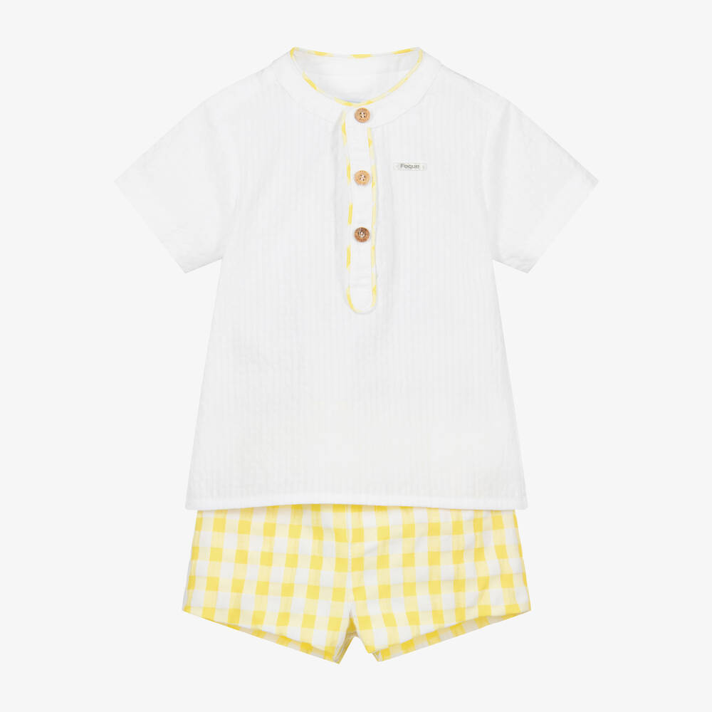 Foque - طقم شورت وقميص قطن سيرساكر لون أبيض وأصفر | Childrensalon