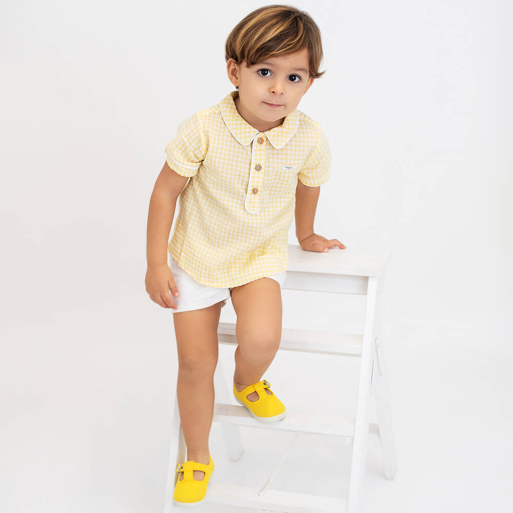 فوكيه-طقم شورت قطن لون أصفر وأبيض للأولاد | Childrensalon Outlet