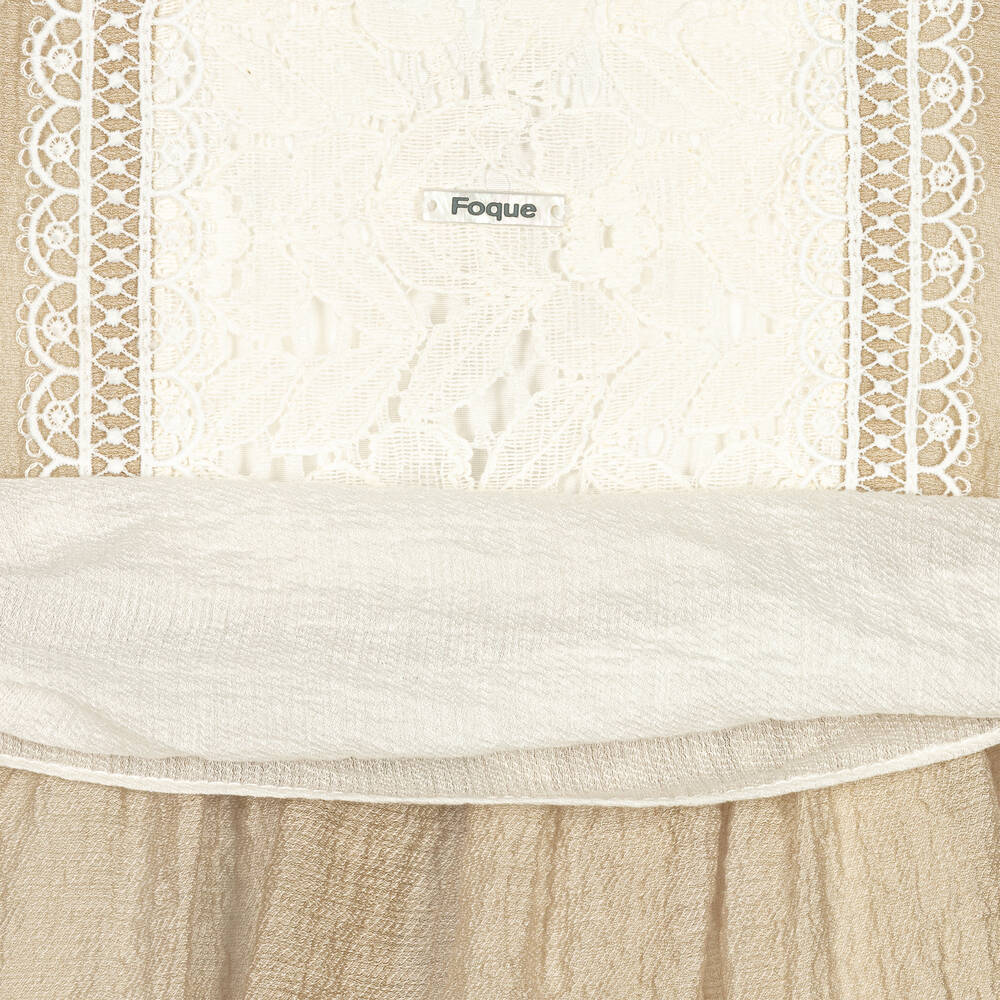 Foque-Girls Beige Cotton Lace Dress | Childrensalon Outlet