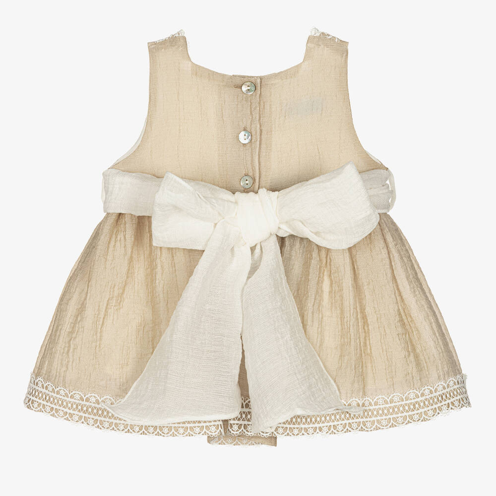Foque-Girls Beige Cotton Lace Dress | Childrensalon Outlet