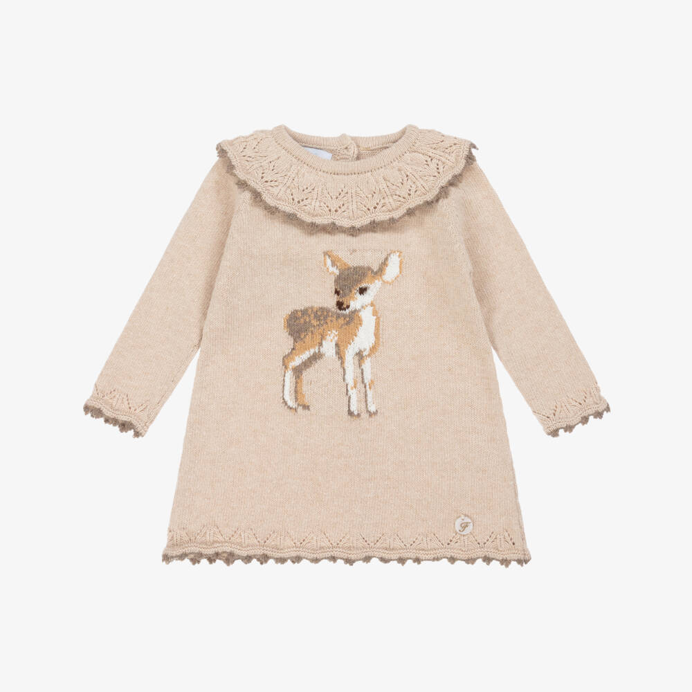 Foque-Girls Beige Deer Knitted Dress | Childrensalon Outlet