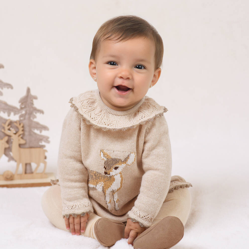 Foque-Girls Beige Deer Knitted Dress | Childrensalon Outlet