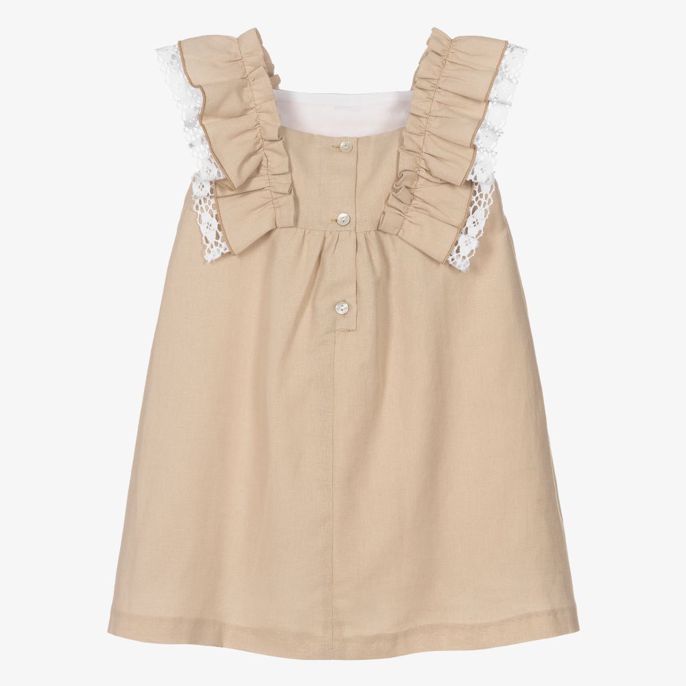 Foque-فستان مزيج قطن وكتان مزين بكشكش لون بيج | Childrensalon Outlet