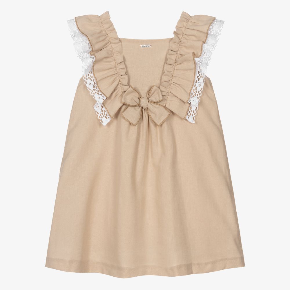 Foque - Girls Beige Linen Ruffle Dress | Childrensalon