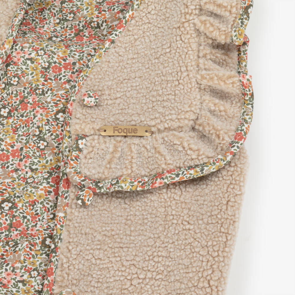 Foque-Girls Beige Sherpa Fleece Gilet with Floral Trims | Childrensalon Outlet