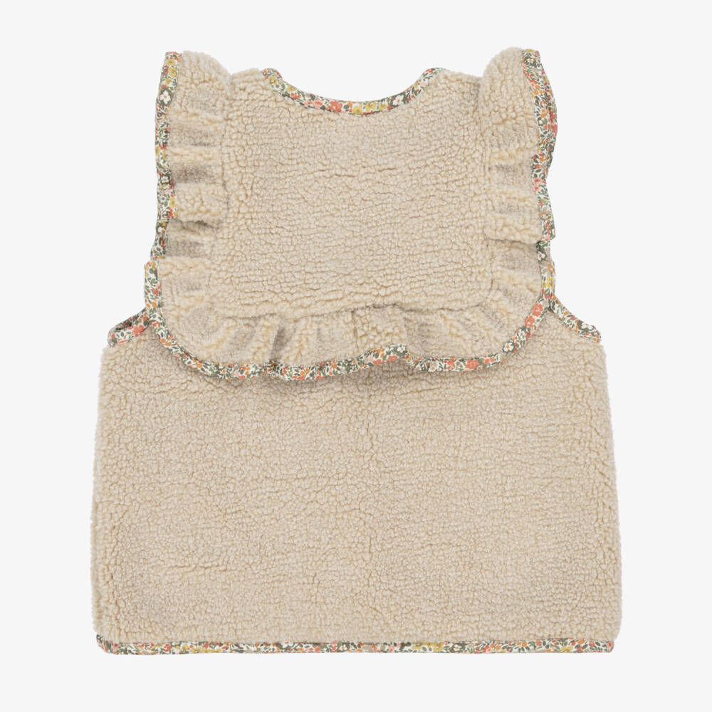 Foque-Girls Beige Sherpa Fleece Gilet with Floral Trims | Childrensalon Outlet