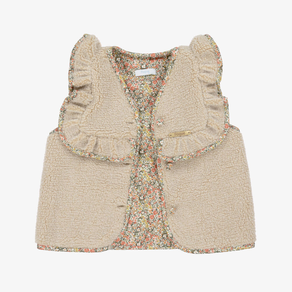 Foque-Girls Beige Sherpa Fleece Gilet with Floral Trims | Childrensalon Outlet