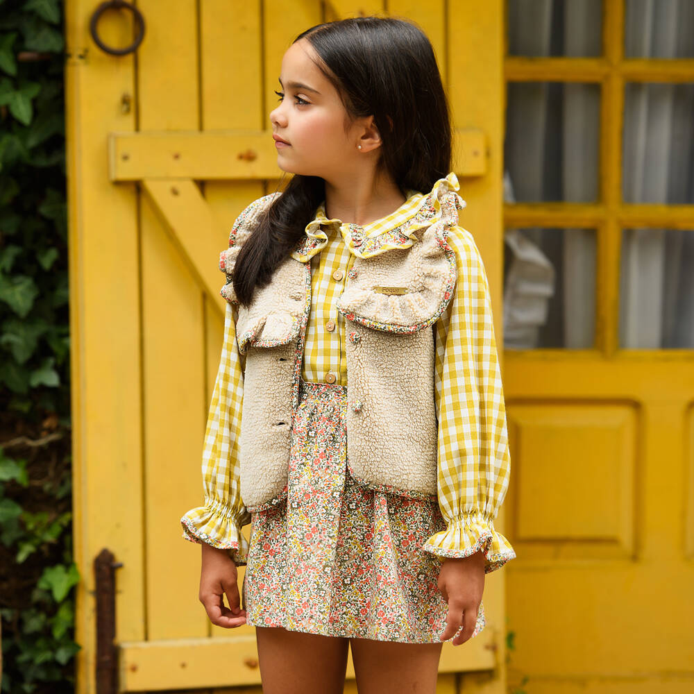 Foque-Girls Beige Sherpa Fleece Gilet with Floral Trims | Childrensalon Outlet
