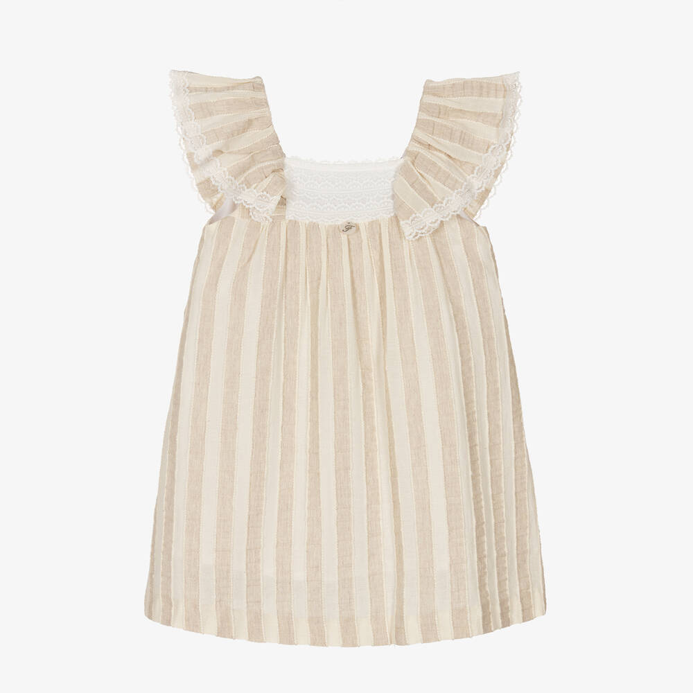 Foque-Girls Beige Striped Cotton Dress | Childrensalon Outlet
