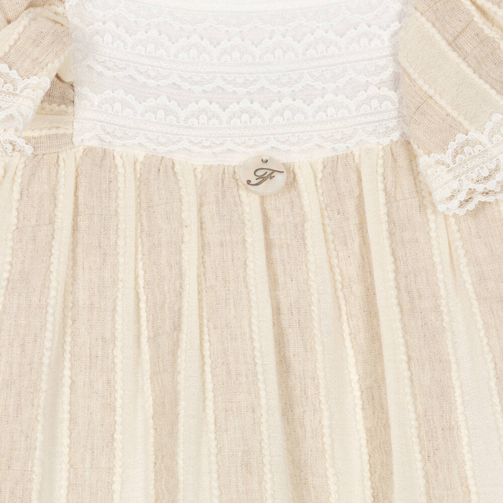 Foque-فستان مزيج قطن وفيسكوز مقلم لون بيج وعاجي | Childrensalon Outlet