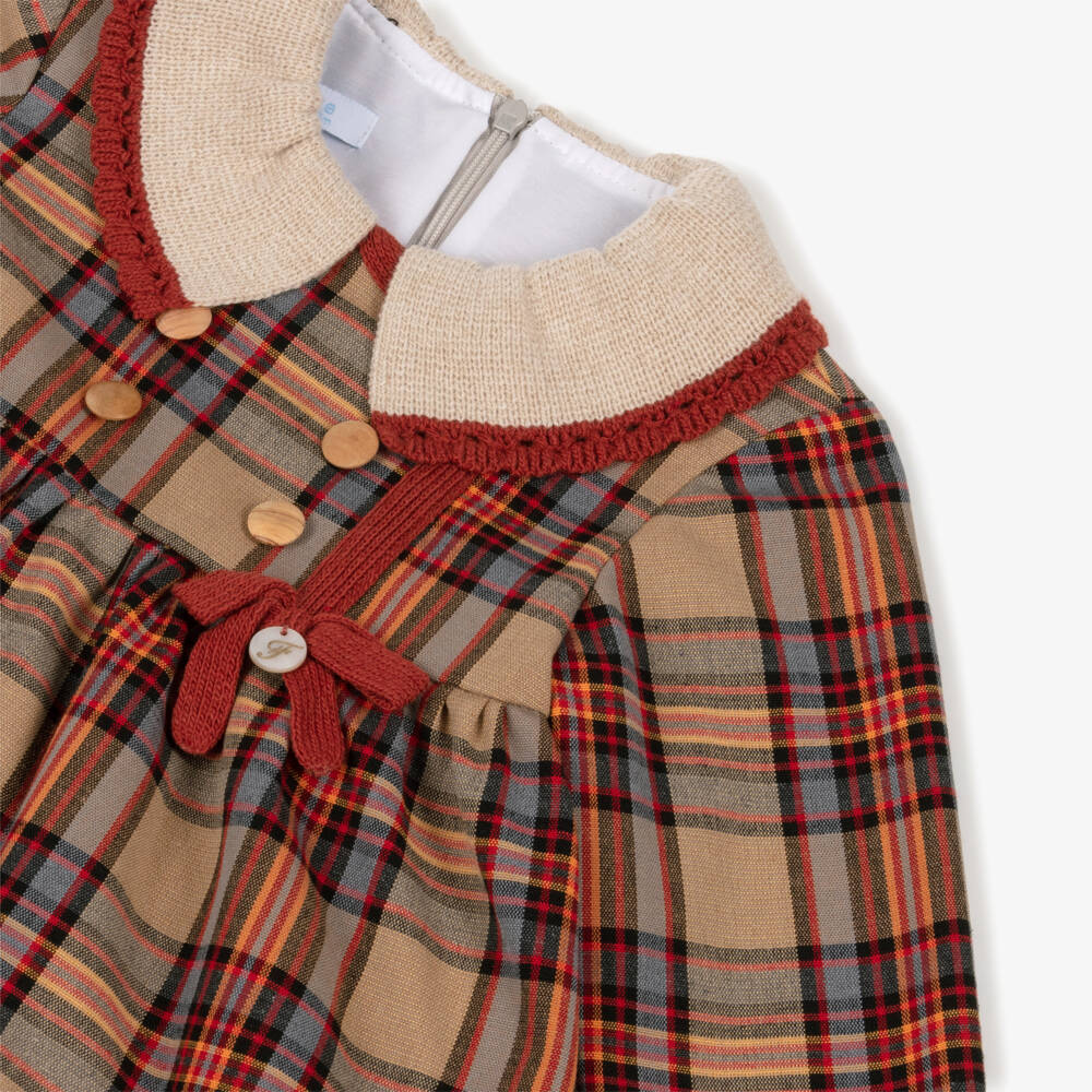 Foque-Girls Beige & Tan Brown Tartan Cotton Dress | Childrensalon Outlet