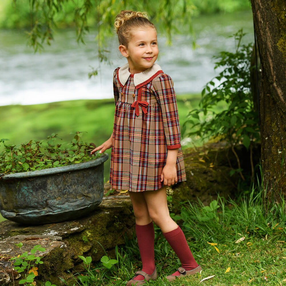 Foque-Girls Beige & Tan Brown Tartan Cotton Dress | Childrensalon Outlet
