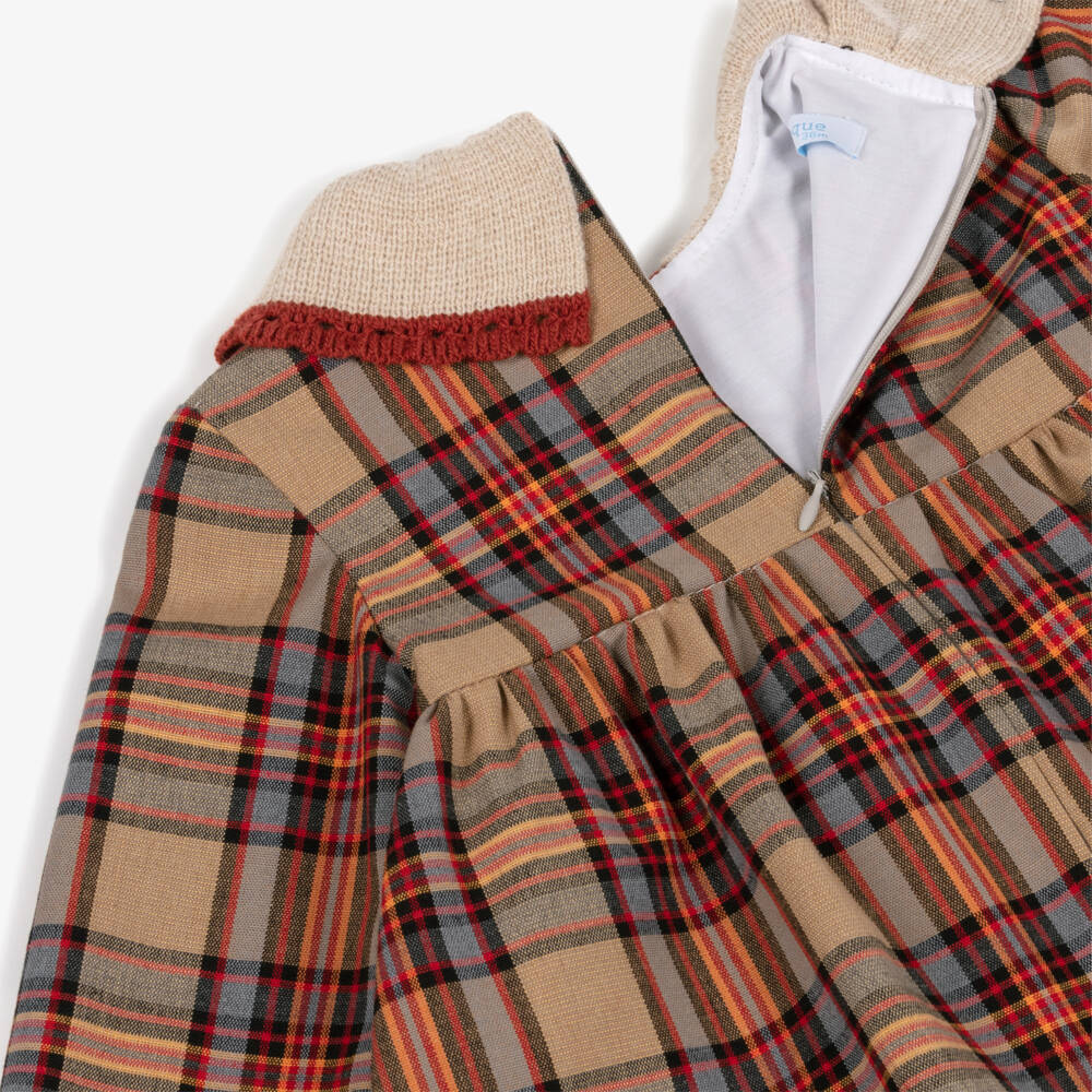 Foque-Girls Beige & Tan Brown Tartan Cotton Dress | Childrensalon Outlet