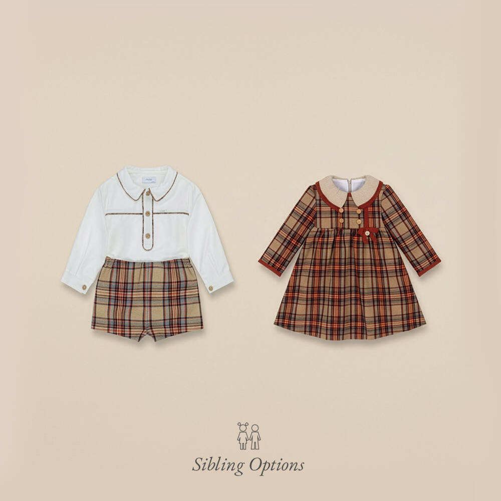 Foque-Girls Beige & Tan Brown Tartan Cotton Dress | Childrensalon Outlet