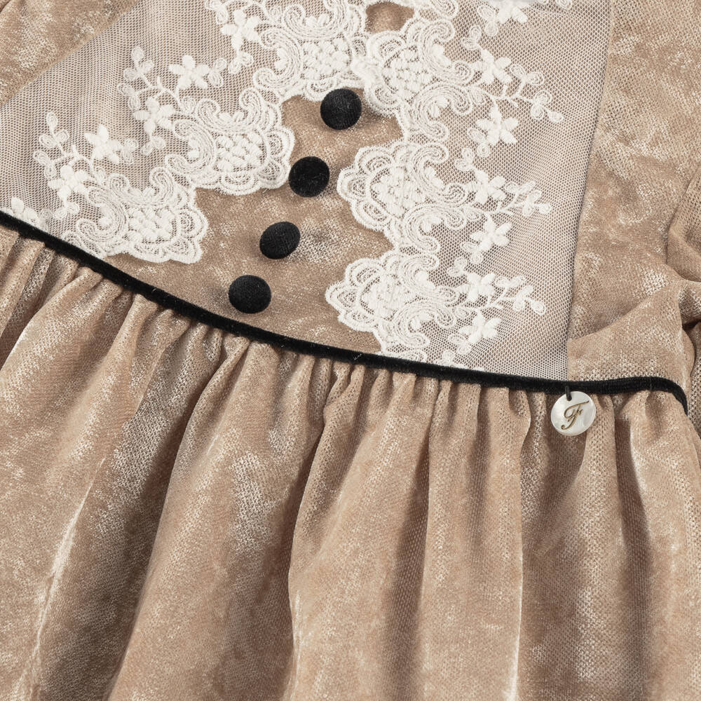 Foque-فستان مخملي بيج للبنات مع دانتيل | Childrensalon Outlet