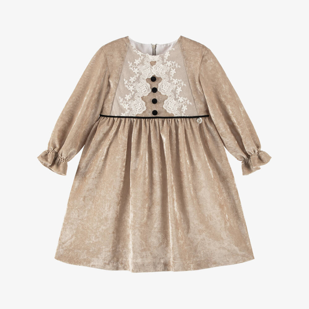 Foque-Girls Beige Velour Dress with Lace | Childrensalon Outlet