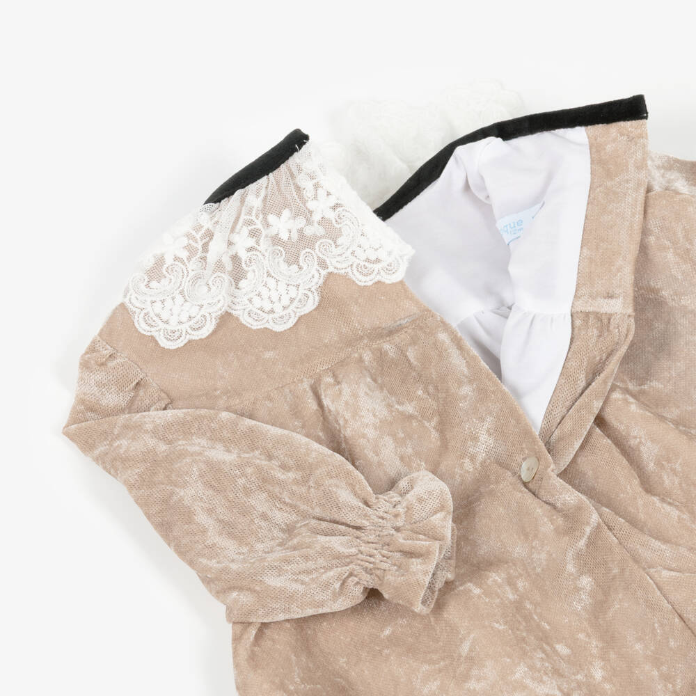 Foque-Girls Beige Velour Mesh Dress with Lace & Velvet Collar | Childrensalon Outlet