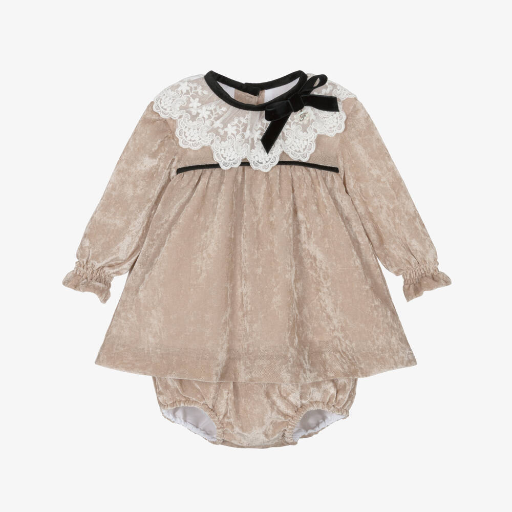 Foque-Girls Beige Velour Mesh Dress with Lace & Velvet Collar | Childrensalon Outlet