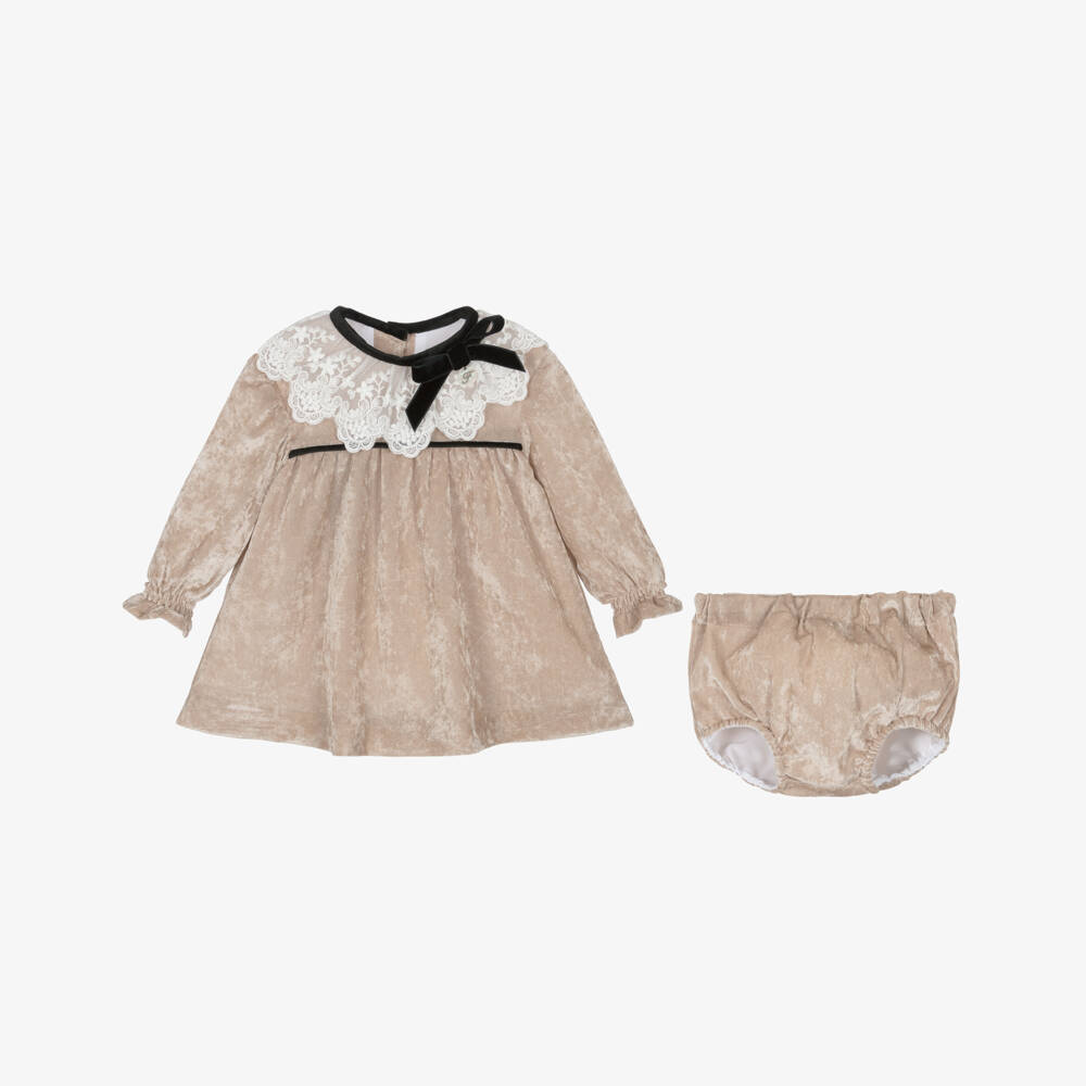 Foque-Girls Beige Velour Mesh Dress with Lace & Velvet Collar | Childrensalon Outlet