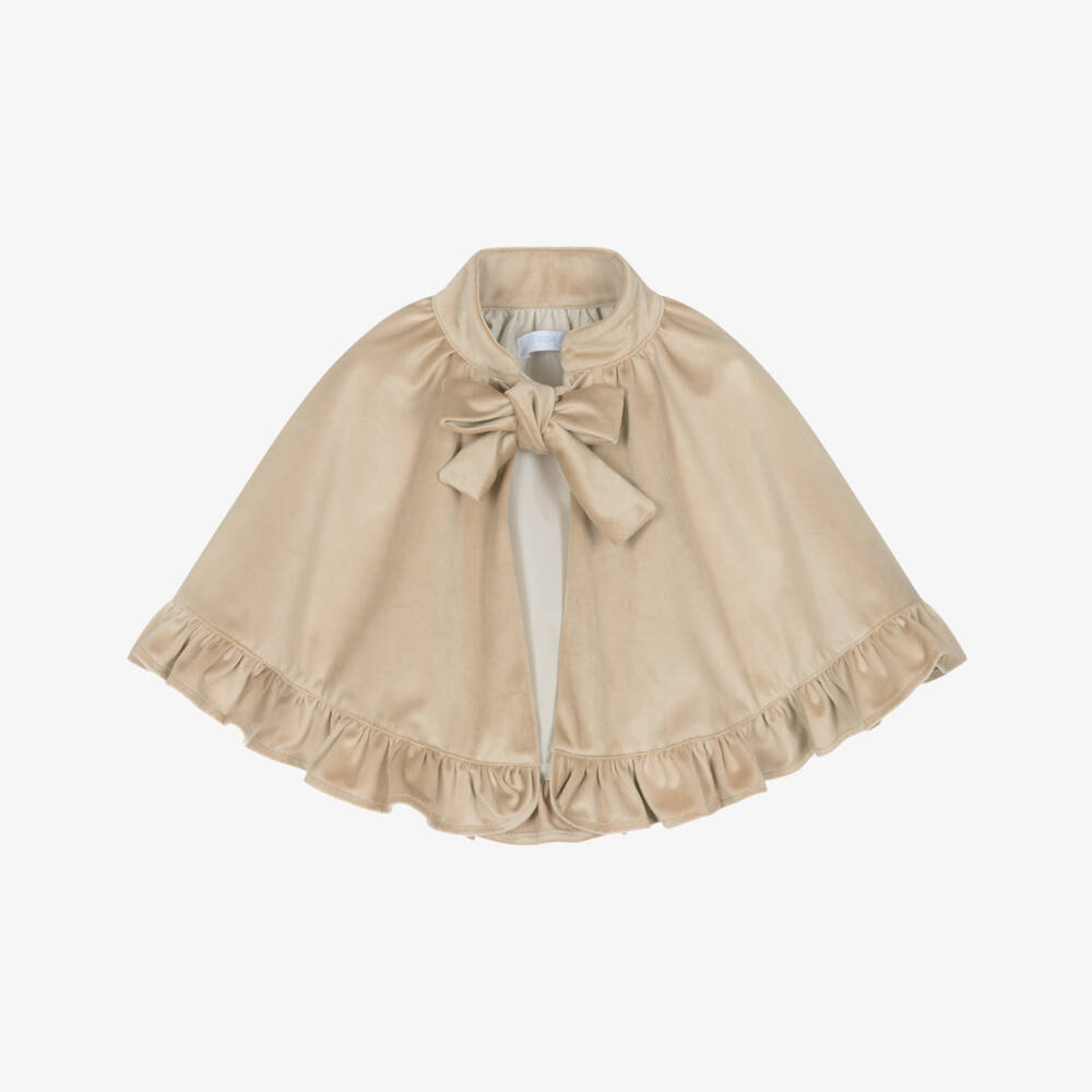 Foque-Girls Beige Velvet Cape with Ruffle Trim | Childrensalon Outlet
