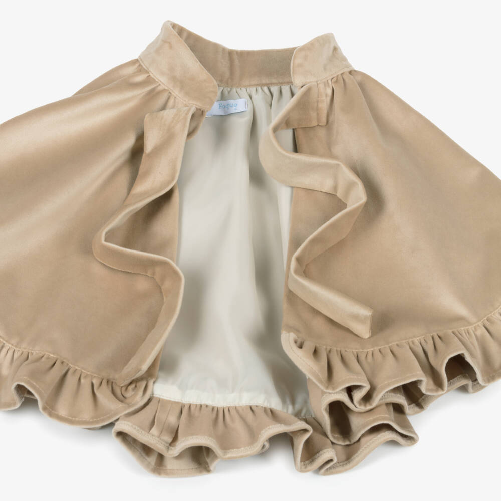 Foque-Girls Beige Velvet Cape with Ruffle Trim | Childrensalon Outlet