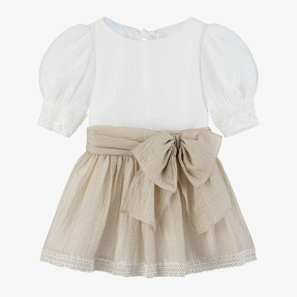 Foque-Girls Beige Viscose Skirt Set | Childrensalon Outlet