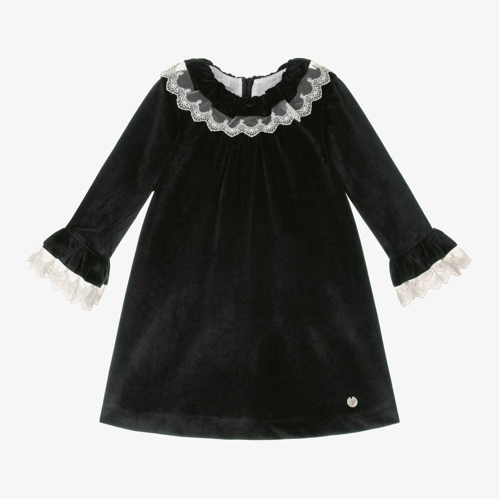 Foque - Robe velours noir à col en dentelle | Childrensalon