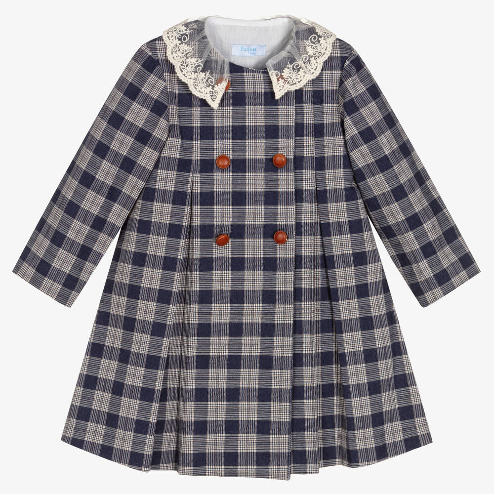 Foque-فستان قطن تويل كاروهات لون كحلي وعاجي | Childrensalon Outlet