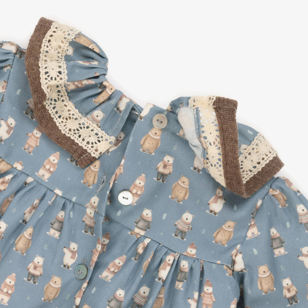 Foque-Girls Blue & Beige Cotton Winter Bear Dress | Childrensalon Outlet