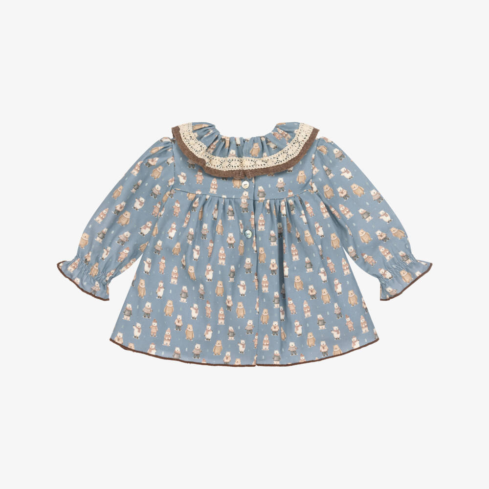 Foque-Girls Blue & Beige Cotton Winter Bear Dress | Childrensalon Outlet