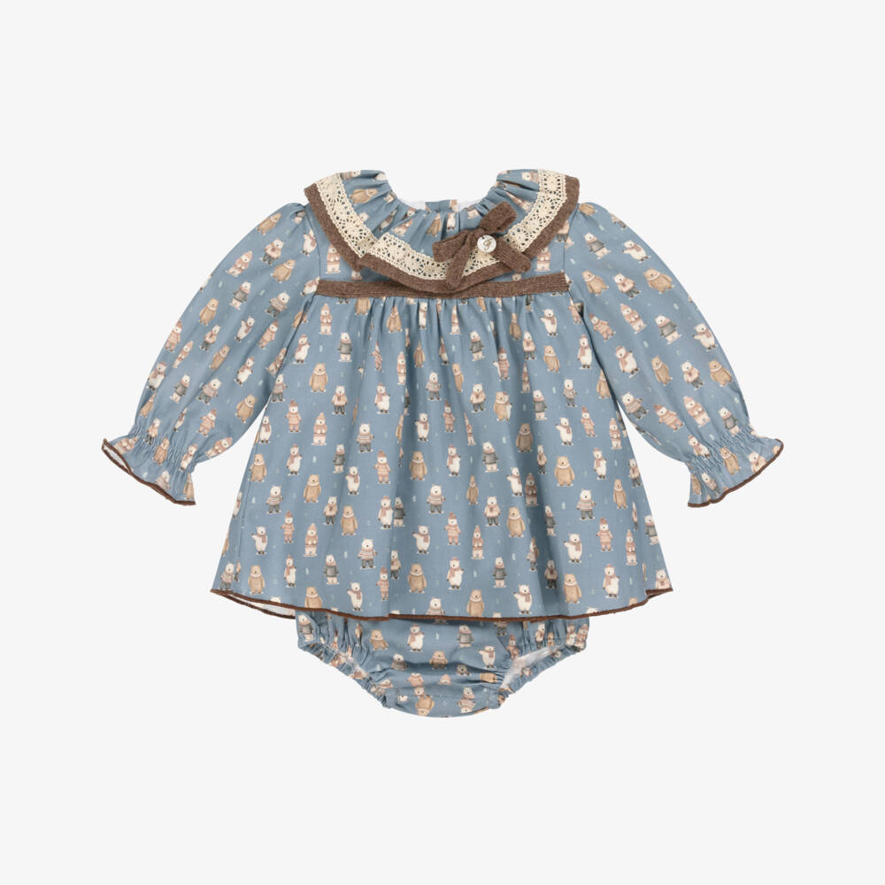 Foque-Girls Blue & Beige Cotton Winter Bear Dress | Childrensalon Outlet