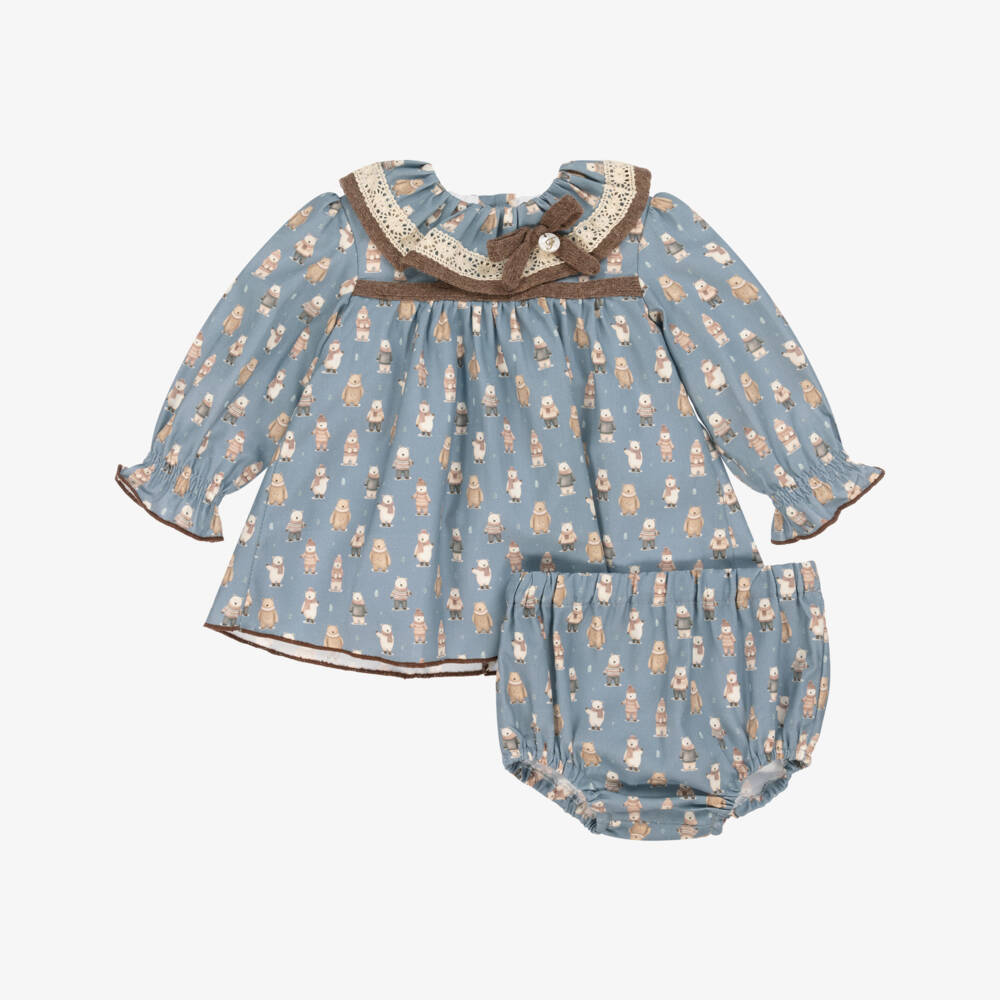 Foque-Girls Blue & Beige Cotton Winter Bear Dress | Childrensalon Outlet