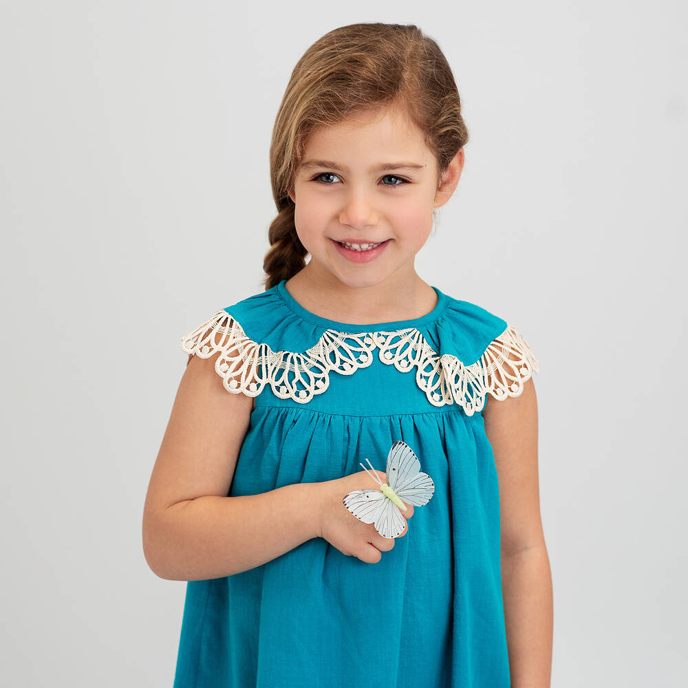Foque-Girls Blue Cotton Lace Frill Dress | Childrensalon Outlet