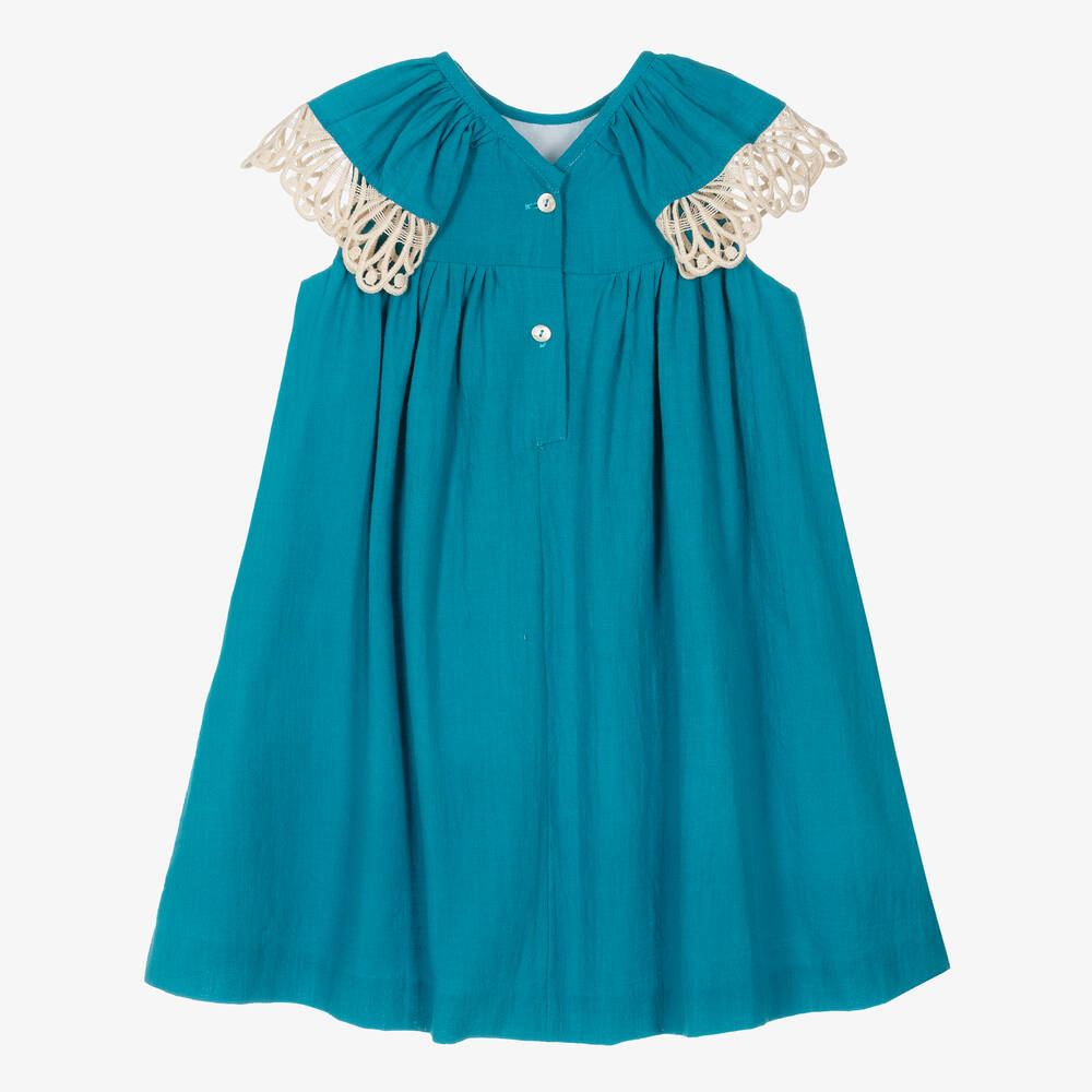 Foque-Girls Blue Cotton Lace Frill Dress | Childrensalon Outlet