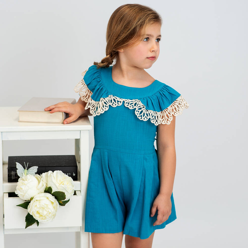 فوكيه-بلاي سوت قطن مزين بدانتيل لون أزرق للبنات | Childrensalon Outlet