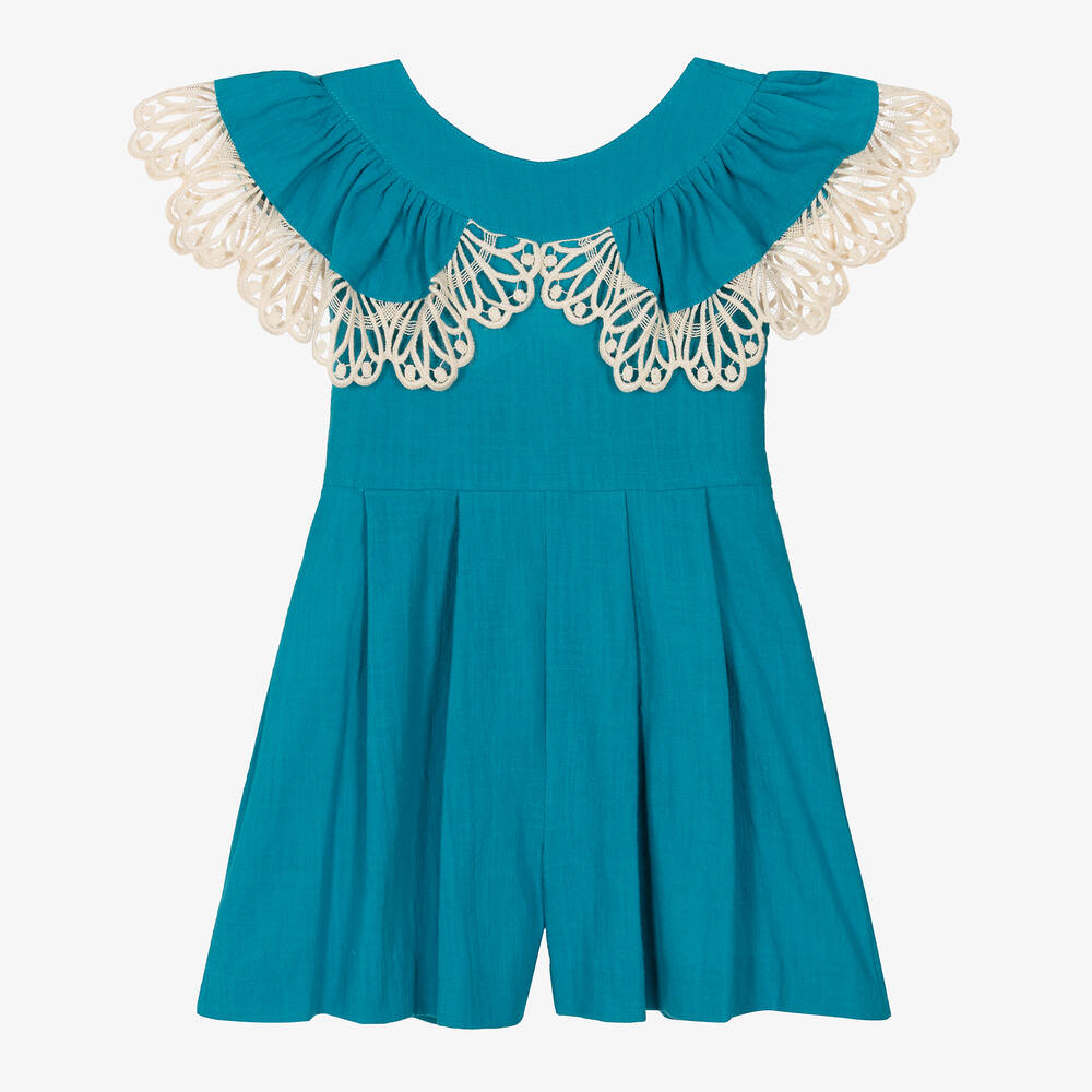 Foque-Girls Blue Cotton Lace Frill Playsuit | Childrensalon Outlet