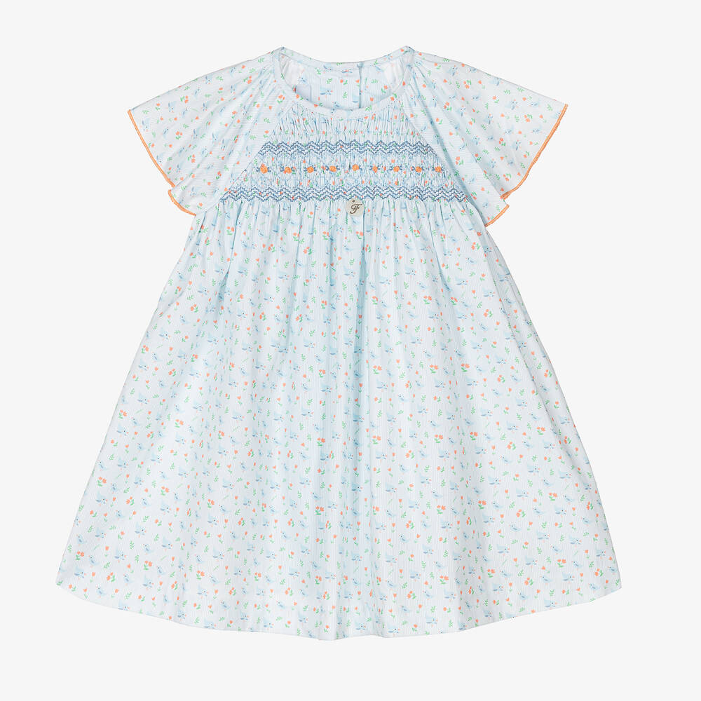 Foque - Girls Blue Floral Cotton Dress | Childrensalon